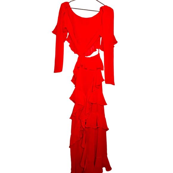 FAME & PARTNERS Red Chiffon Ruffle A-Line Mid-Cut Out Marse Gown Dress Size 2 - Picture 8 of 16